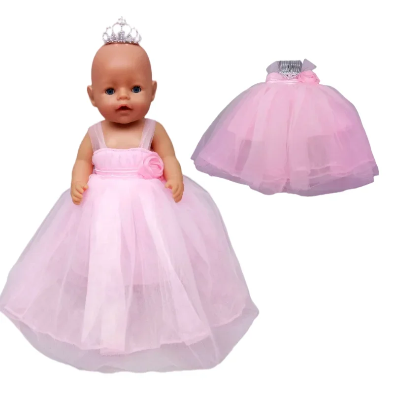 

40cm 43cm new born Baby Doll pink bride dress 18 Inch American OG girl Doll dress with crown children toys wears