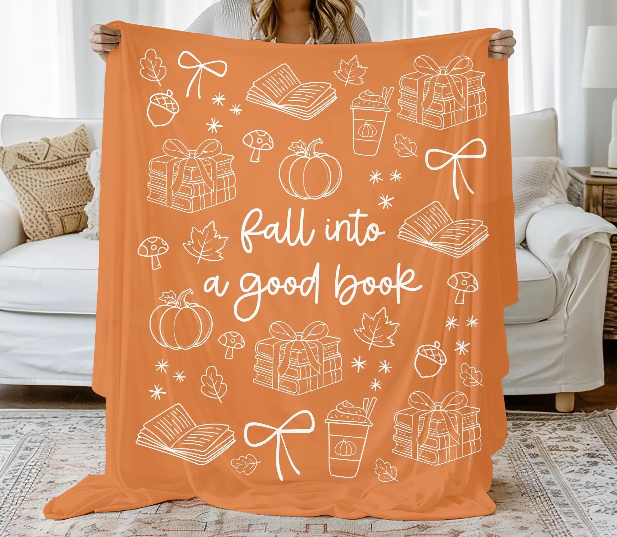 Autumn Books Pumpkin Maple Leaf Cover Blanket Soft and Warm Plush Sofa Bed Home Decoration Gift Blanket