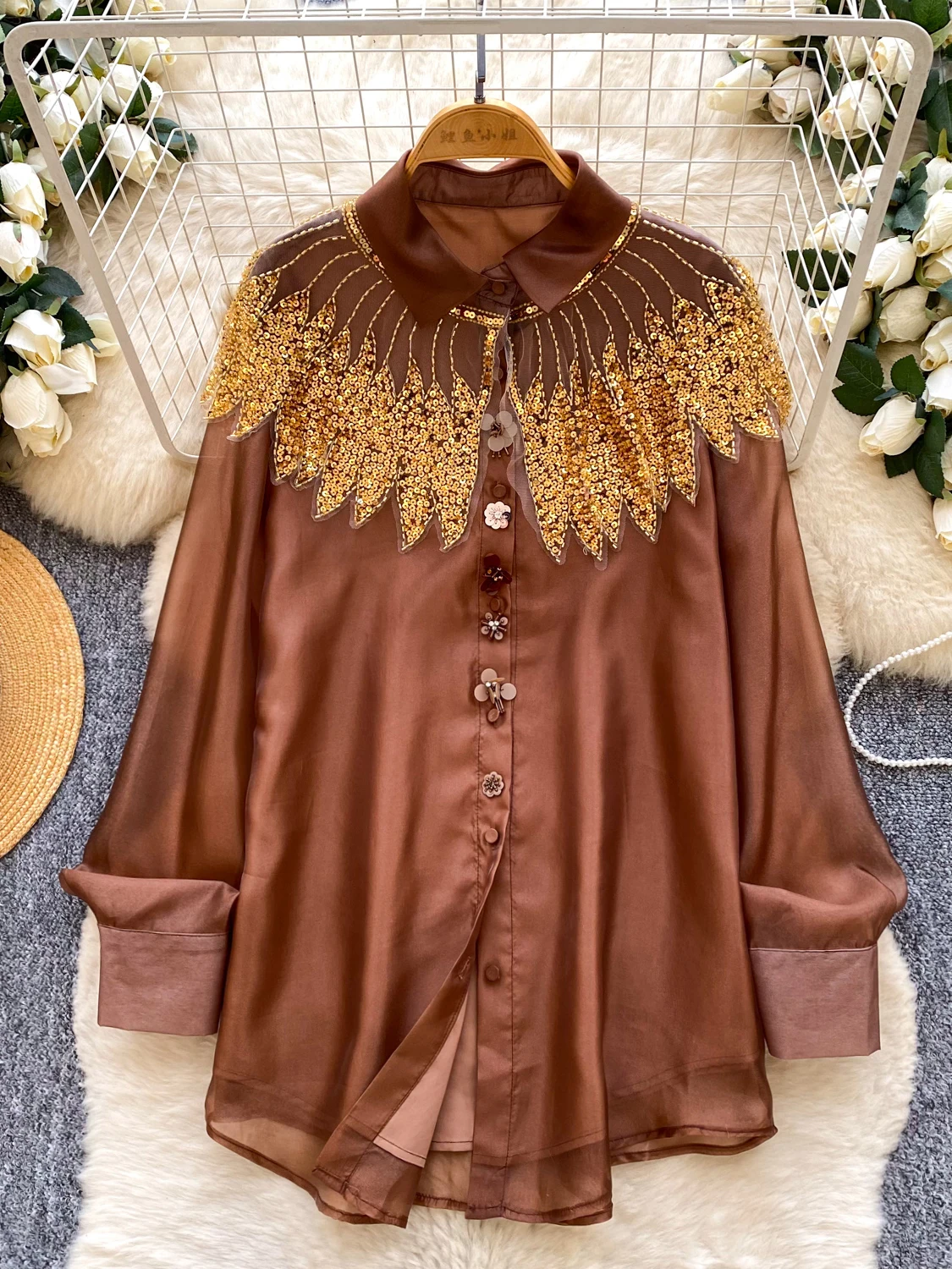 

Ladies Long Sve Me Blouse with Sequins Loose Commute Sle Korean Design Breathable Polyester Fiber Casual Top