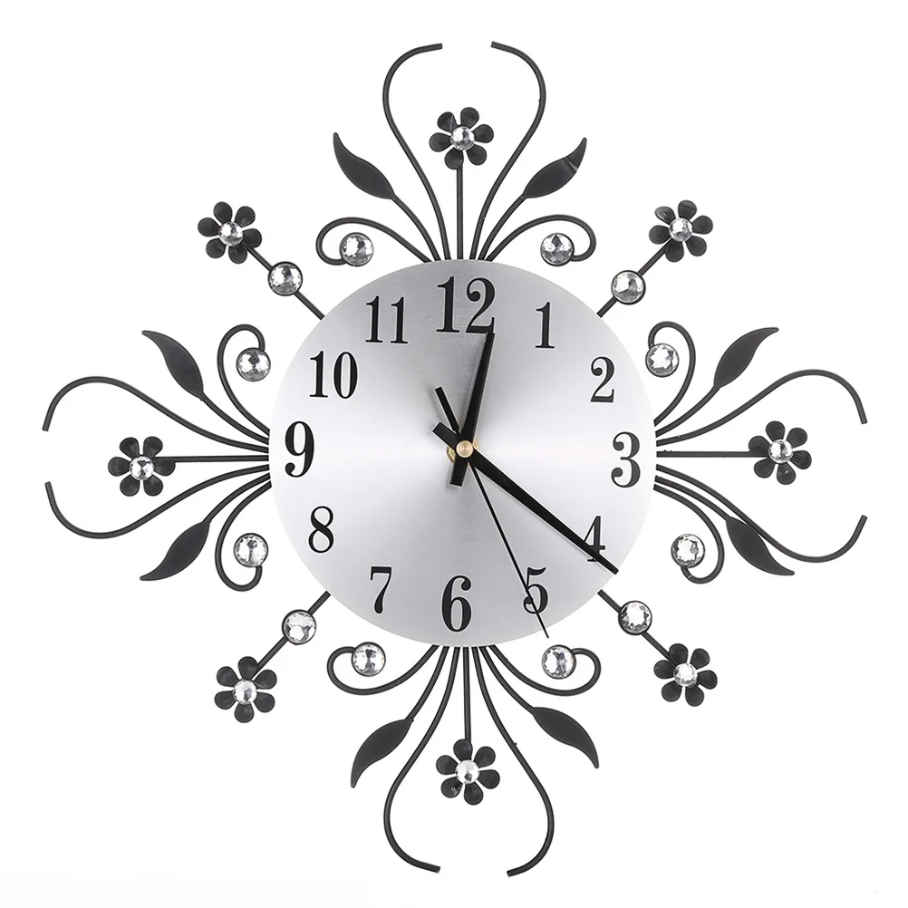 

Black Metal Wall Clock Flower Silent Modern Rhinestone Design Accurate Time Living Room Office Hanging Wall Clock