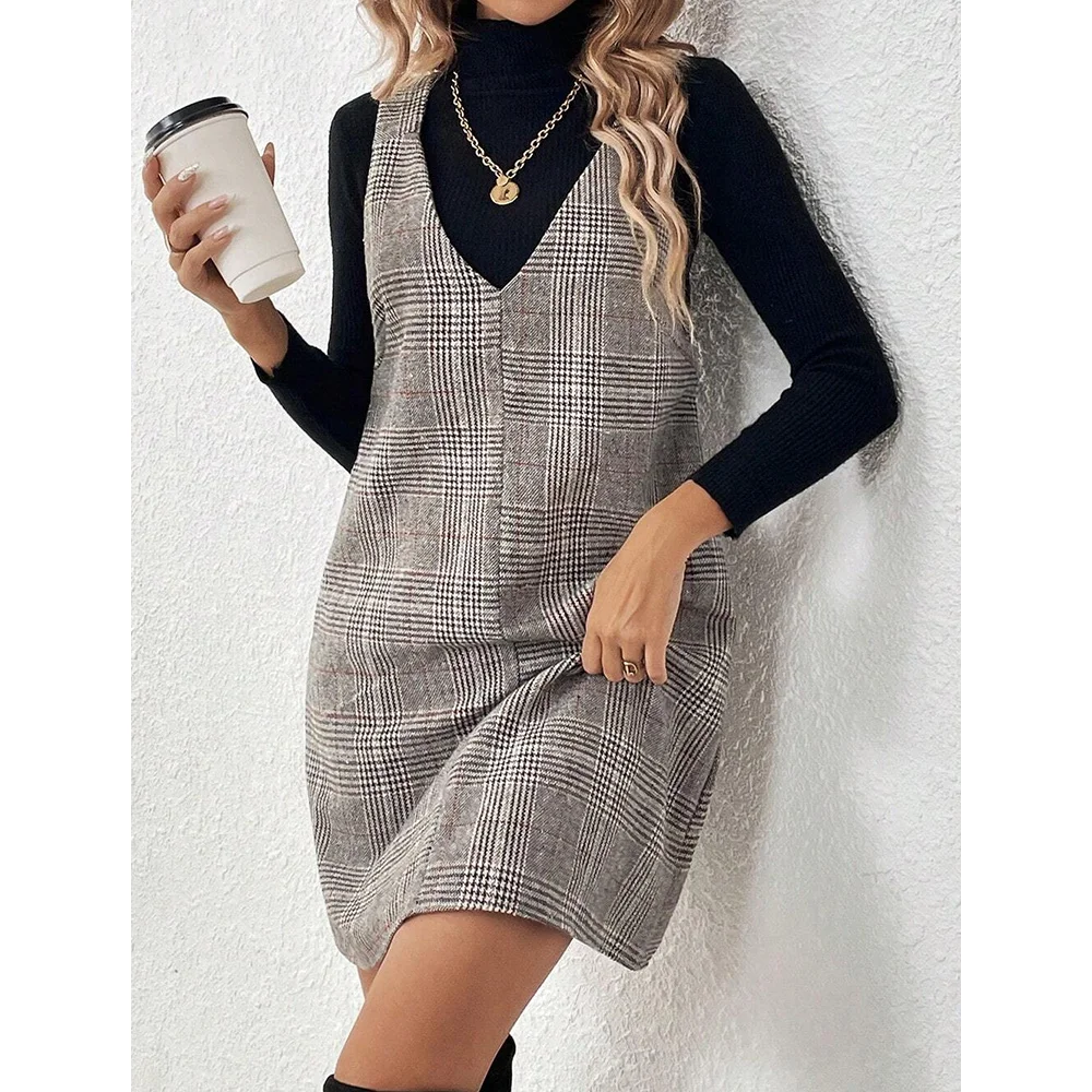 Mia Muse-Robe à carreaux à col en V pour femme, mini camisole décente, robes de bureau pour femme, mode automne et hiver