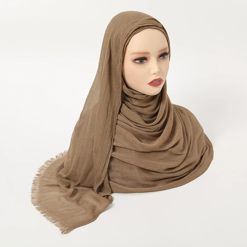 Hot Selling Rayon Hijab Scarf Solid Color Crinkle Shawls For Women Muslim Turban Islamic Bandana Autumn Soft Headband 190*80cm