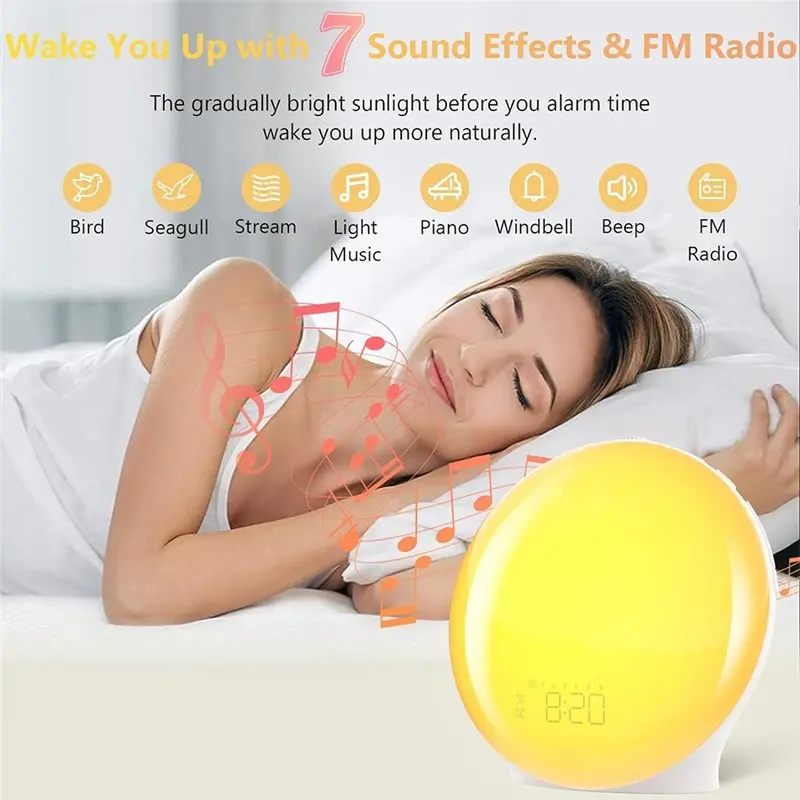 ABRU-FM Radio, Night Light, Natural Sounds Sun Rise Alarm Clock-Wake-Up Light Designed For Heavy Sleepers