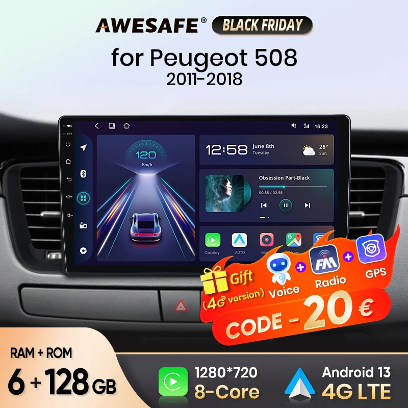 AWESAFE Wireless CarPlay Android Auto Car Radio For Peugeot 508 508SW 2011 2011 2012 2013 2014-2018 GPS Multimedia Autoradio