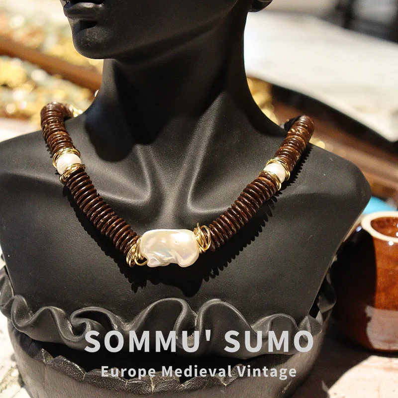 

Ретро индивидуальная скорлупа кокоса, натуральный жемчуг в стиле барокко, цепочка на шею, модное универсальное ожерелье Tide, крутое ожерелье в стиле панк