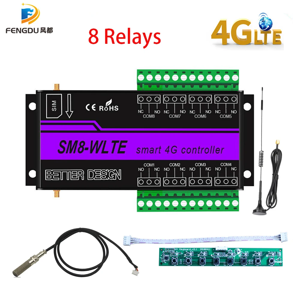 SMS GSM 4G LTE  4 Channel Relay ON/OFF Switch For Gate Opener Motor Control SM4-WLTE Temperature Humidity APP Remote Controller