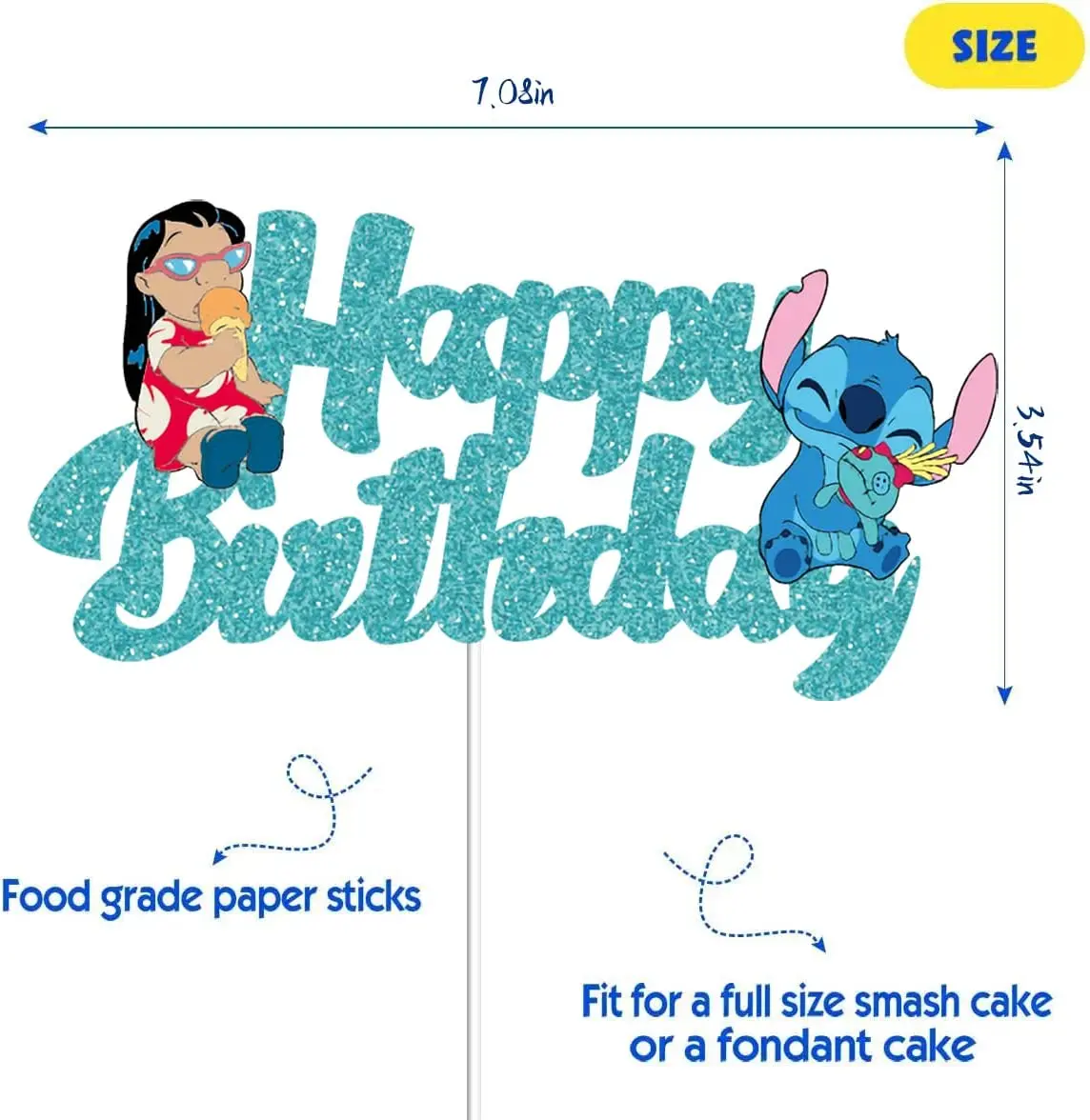 Lilo & Stitch Blue Glitter Cake Topper ​Happy Birthday Decors for Kids Birthday Party Baby Shower Sign Decorations Double-side