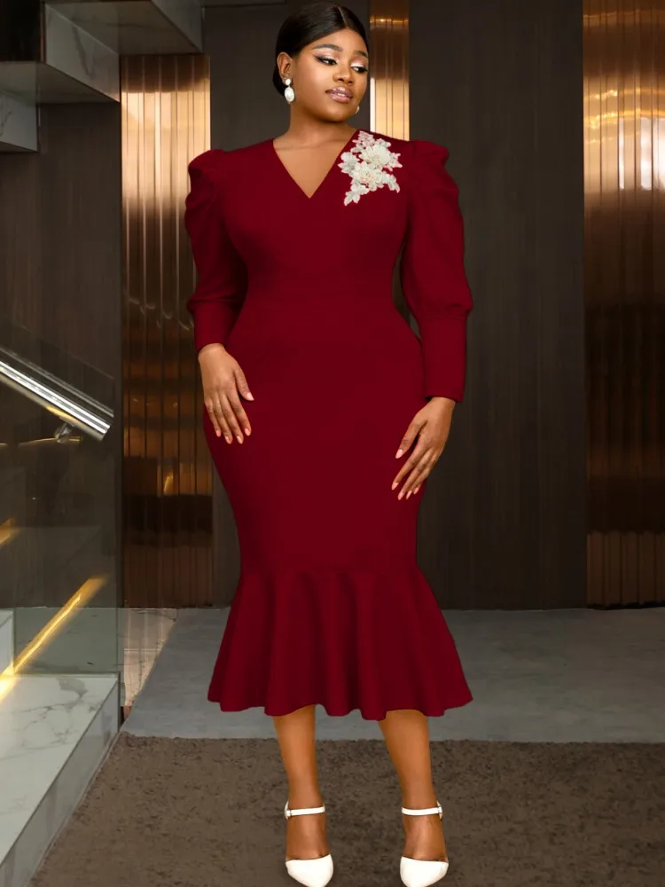 0XL-4XL Plus Size Women Clothes Dresses Elegant Evening Celibrity Clothes Robes Long Sleeve 3XL Big Size Midi Dress Oversized 2