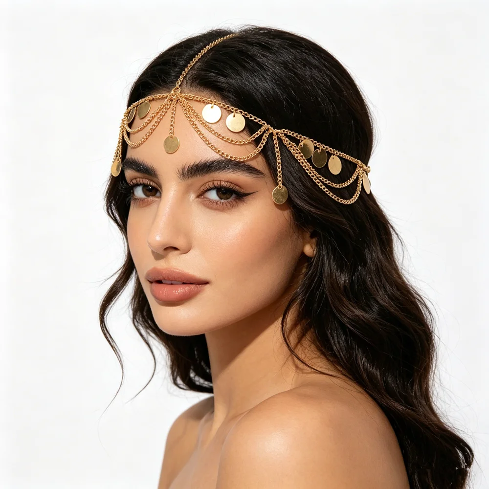 Moroccan Bride Hair Jewelry Trendy Simple Gold Color Metallic Sequin Tassel Head Chain For Women Dance Party Wedding Accessories