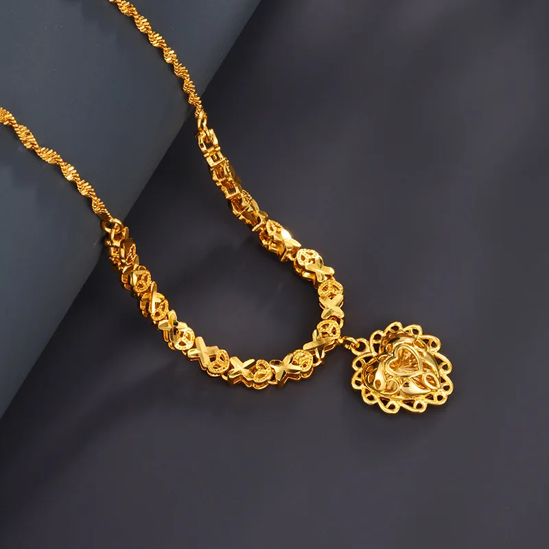 

Luxury 24K 9999 Pure Gold real gold Women's Mesh Heart Pendant Water Wave Necklace