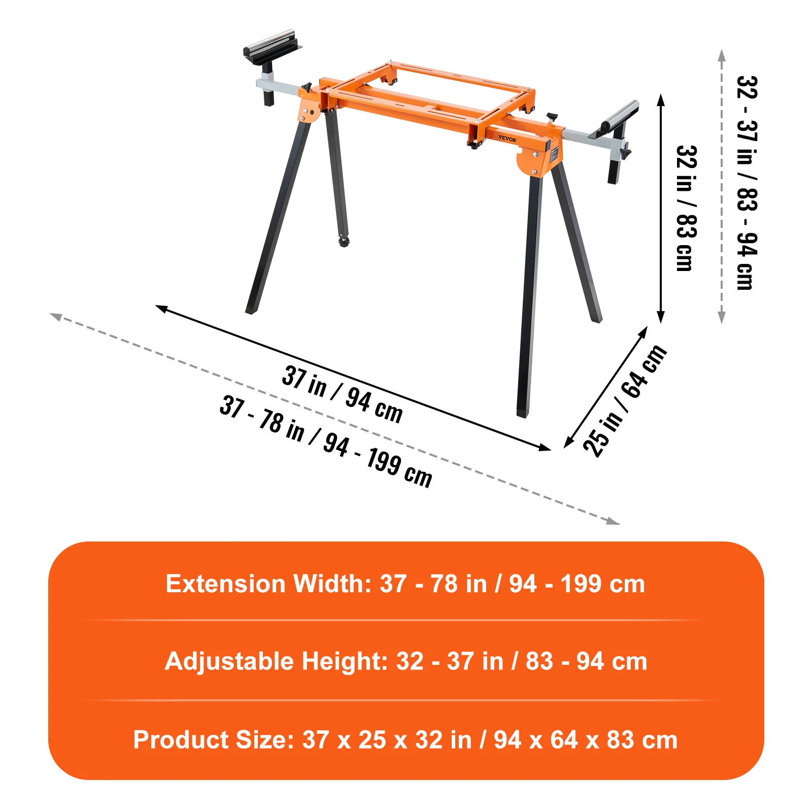 VEVOR 79in Miter Saw Stand with One-piece Mounting Brackets Clamps Rollers Sliding Rail 330lbs Load Capacity for Cutting Works