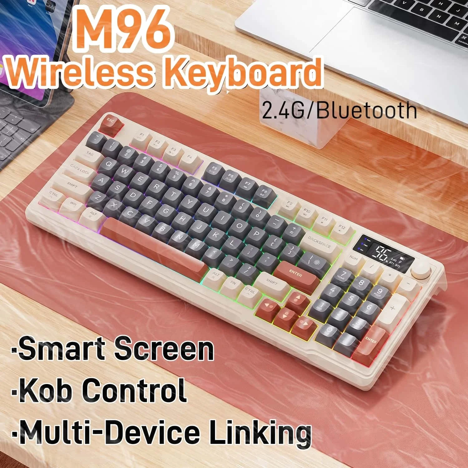 

Беспроводная клавиатура FreeWolf M96 с экраном, игровая клавиатура, двухрежимное подключение Bluetooth, эргономичная связь с несколькими устройствами