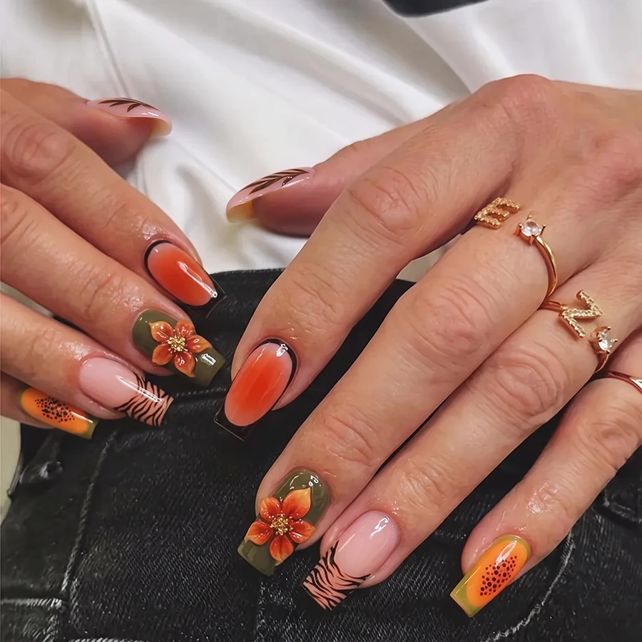 24-Piece Set of Retro Floral Leopard Print Square Press-On Nails, Orange-Red Gradient Leaf Hand-Painted Fake Nails, Includes Jelly Glue and Nail File Set