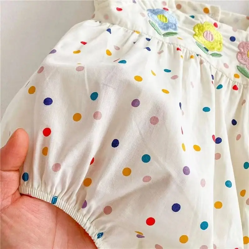 Summer Baby Girl Colorful Dotted Three Flowers Embroidered Little Flying Sleeves Jumpsuit Girl Cute Cotton Crawling Sweetheart