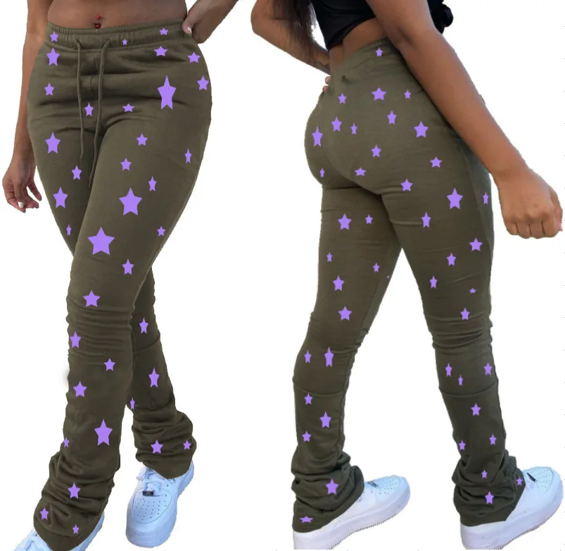 Autumn and winter European and American women\'s clothing leggings plus size imitation denim printed drawstring stacking pants