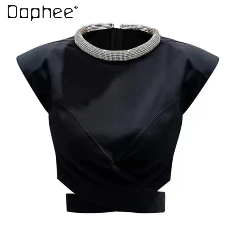 

Beaded Rhinestone Round Neck Hollow Sleeveless Top Summer New Korean Trend Sexy Hot Girl Short Top Women Fashion Black T Shirts