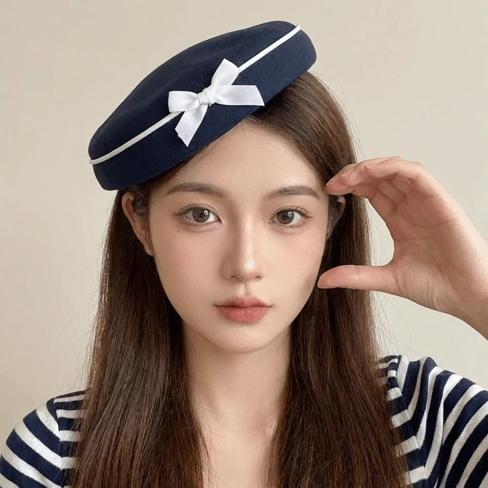 Elegant Hepburn Fedoras Hat Dome Velvet Bow Beret Formal Hat Lolita Hairclip Beret Dance Show Headwear
