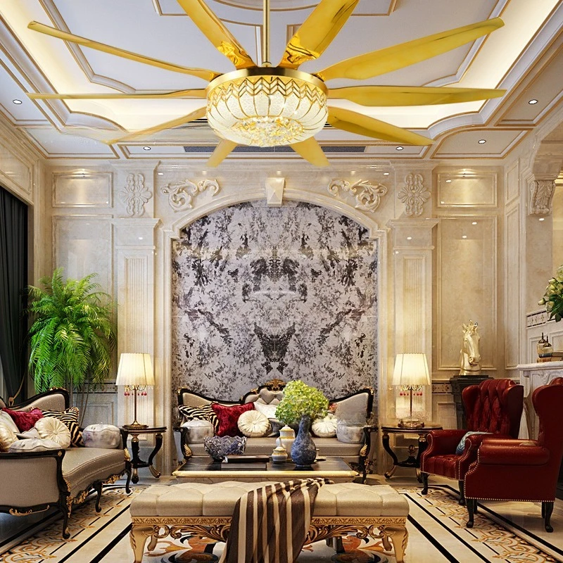 High Power Crystal Ceiling Fan Lamps Dining Room European Style Light Luxury Courtyard Ceiling Fan Pendant Lights LED Luminaires
