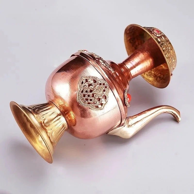 Tibetan Buddhist Bumpa Purification Water Embossed Pot Inlaid Color Stone Ornament Altar Worship Supply Meditation Room Decor