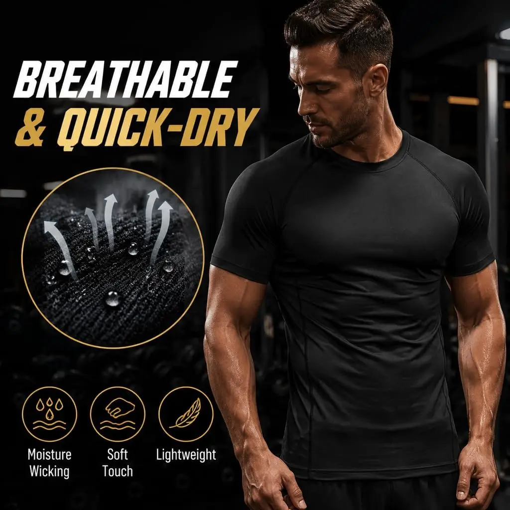 1/2/5er-Pack Herren-Kompressionsshirt, Kurzarm, Schnelltrocknend, Atmungsaktiv, Sportunterwäsche mit Stretchmaterial für Fitness und Laufen – Detail 3