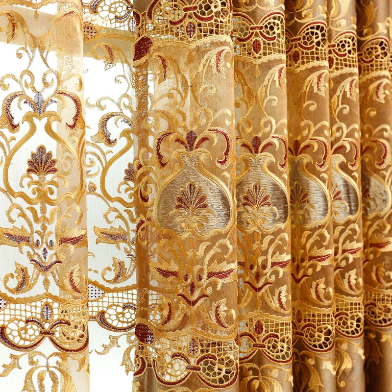 European Style Living Room Bedroom Dining Room Embroidery Curtain Golden Luxury Jacquard Hollow Lace Embroidery Tulle Custom