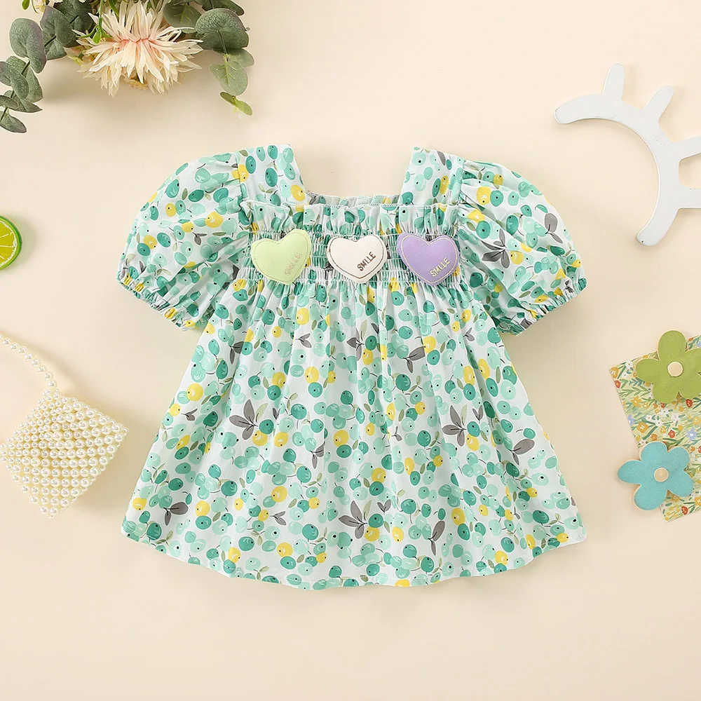 Summer New Girl Baby Dress Love Print Grape Leaf Sweet Dress Bubble Sleeves Open Back Sweet Princess Dress