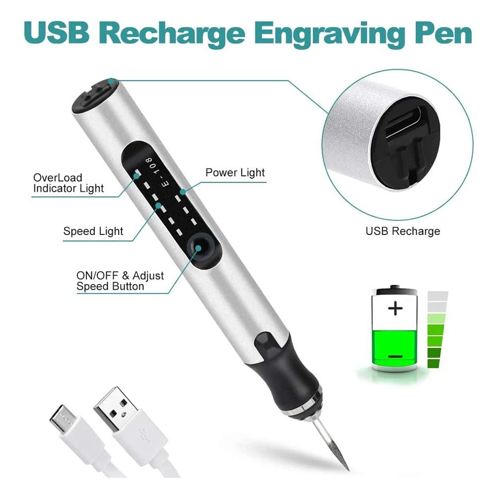 PA-Engraving Pen, Electric Engraving Tool Kit USB Rechargeable Engraver Pen Micro-Cordless Carve Tool for DIY