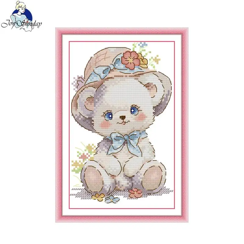 Cross Stitch Kit Joy Sunday Bear in A Straw Hat HD Pattern Printed Counted Fabric Aida 16/14/11CT DIY Embroidery Kit  Craft Kit
