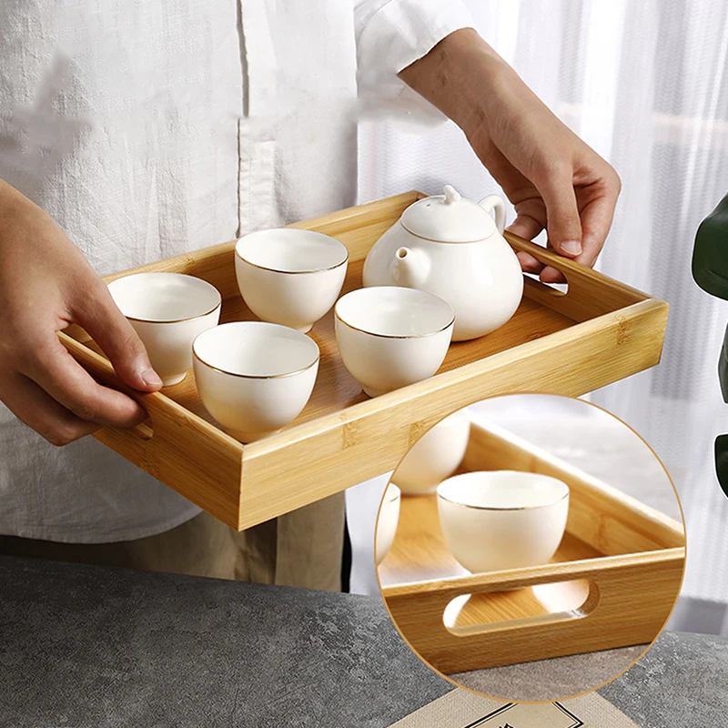 1Pc Bamboo Wooden Storage Tray Rectangular Tea Coffee Cup Tray Breakfast Dinner Plate Bread Fruit Cake Food Serving Tray