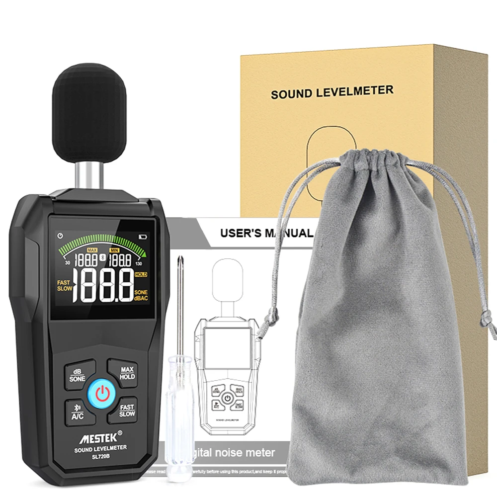 

MESTEK 30-130dB Noise Meter Display Color Backlit Display Fast Slow Sampling Rate Capacitive Microphone Sound Level Monitor