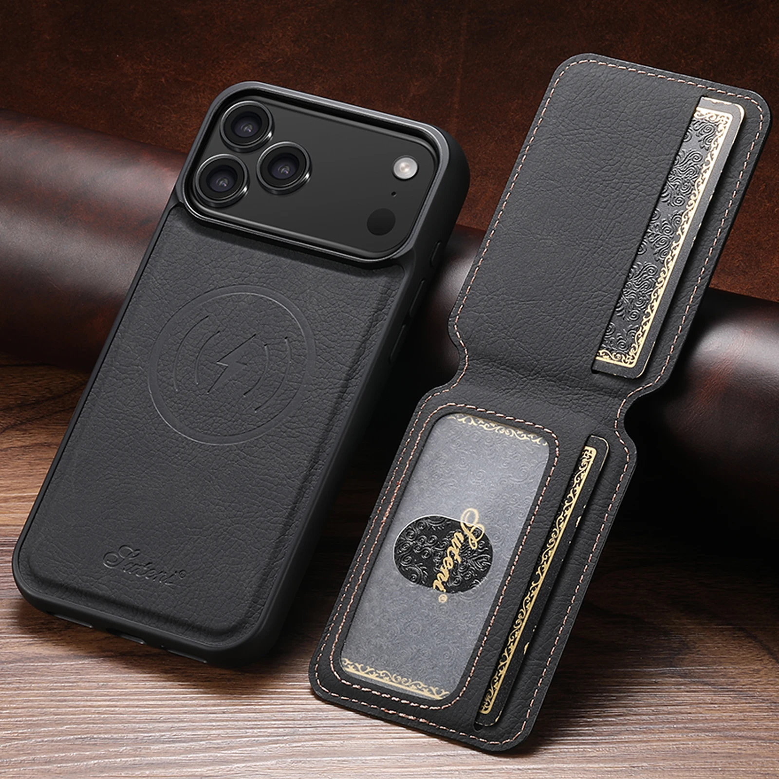 SUTENI Drahtlose Lade Telefon Fall Magnet Karte Halter Stehen Kunstleder Für iPhone 17 Pro Max 16 Plus 15 14 13 12