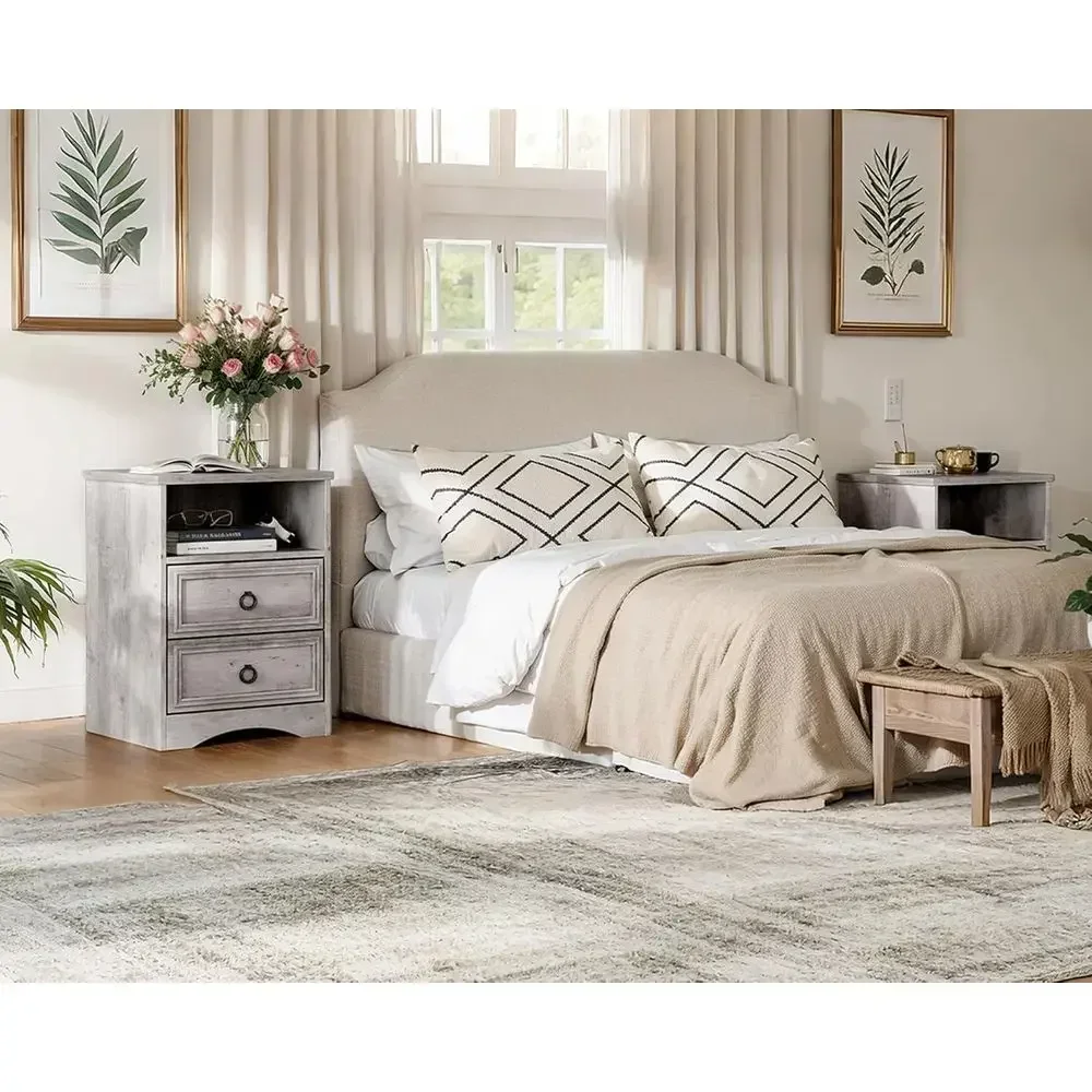 Double Drawer Nightstand, 18 Wide with Easy Pull Handle, Accent Bedroom Side Table, Gray