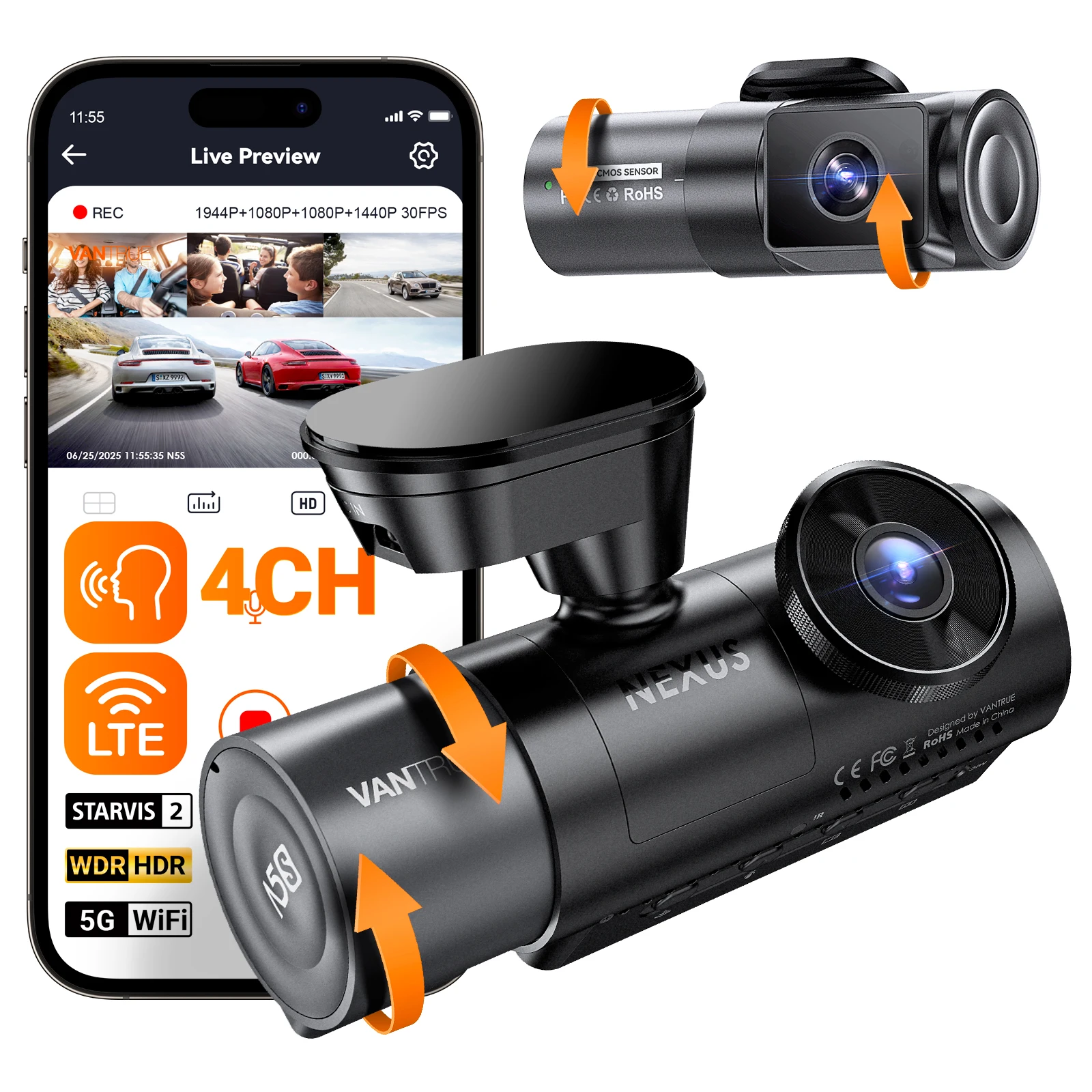Vantrue N5S DashCam 4 canali WiFi 360 gradi STARVIS 2 Visione notturna IR Supporto LTE Controllo vocale Modalità parcheggio 24 ore su 24