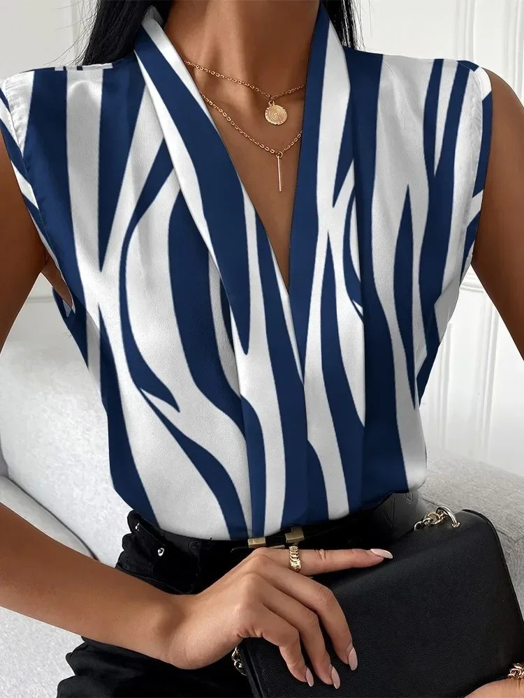 Elegant Youthful Women's Shirts Spring Summer Sleeveless Print Blouse Fashion Casual V-neck Blusa Mujer Tendencia 2024 New Tops