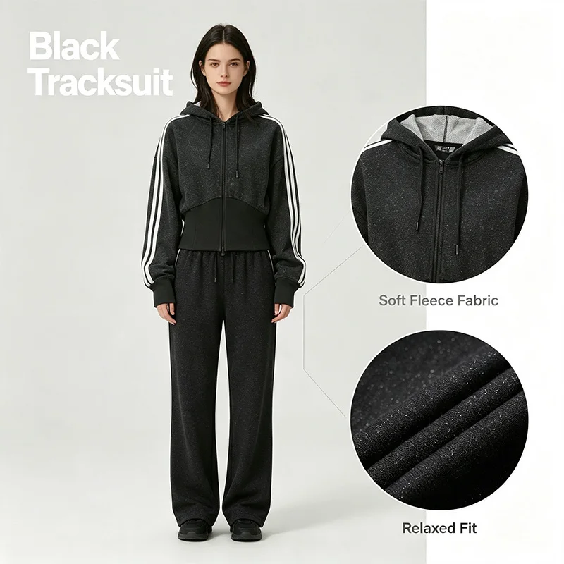 Adidas Authentic Black Tracksuit Women 2-Piece Soft Fleece Casual Sport Set Hoodie Sweatpants Loungewear KX8905