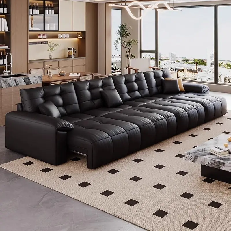 Leather bed multi-functional living room dual-purpose straight row three-person retractable black can be moved