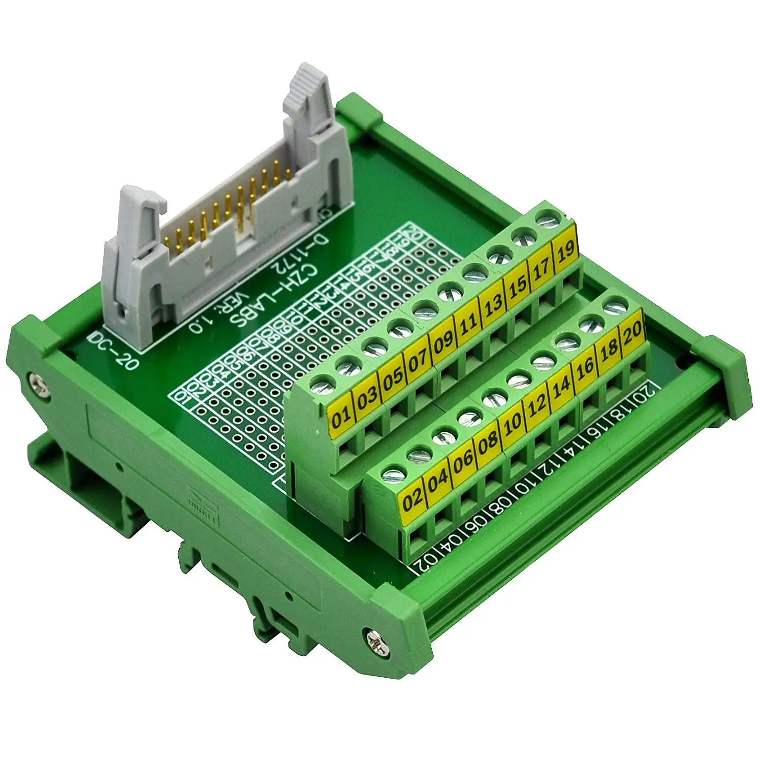 

CZH-LABS DIN Rail Mount IDC-20 Male Header Connector Breakout Board Interface Module, IDC Pitch 0.1", Terminal Block Pitch 0.2"