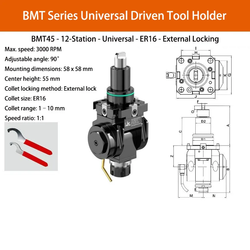 BMT40 CNC Universal Fixed Tool Holder, 90° Adjustable, 12-Position, ER16/20, External Locking