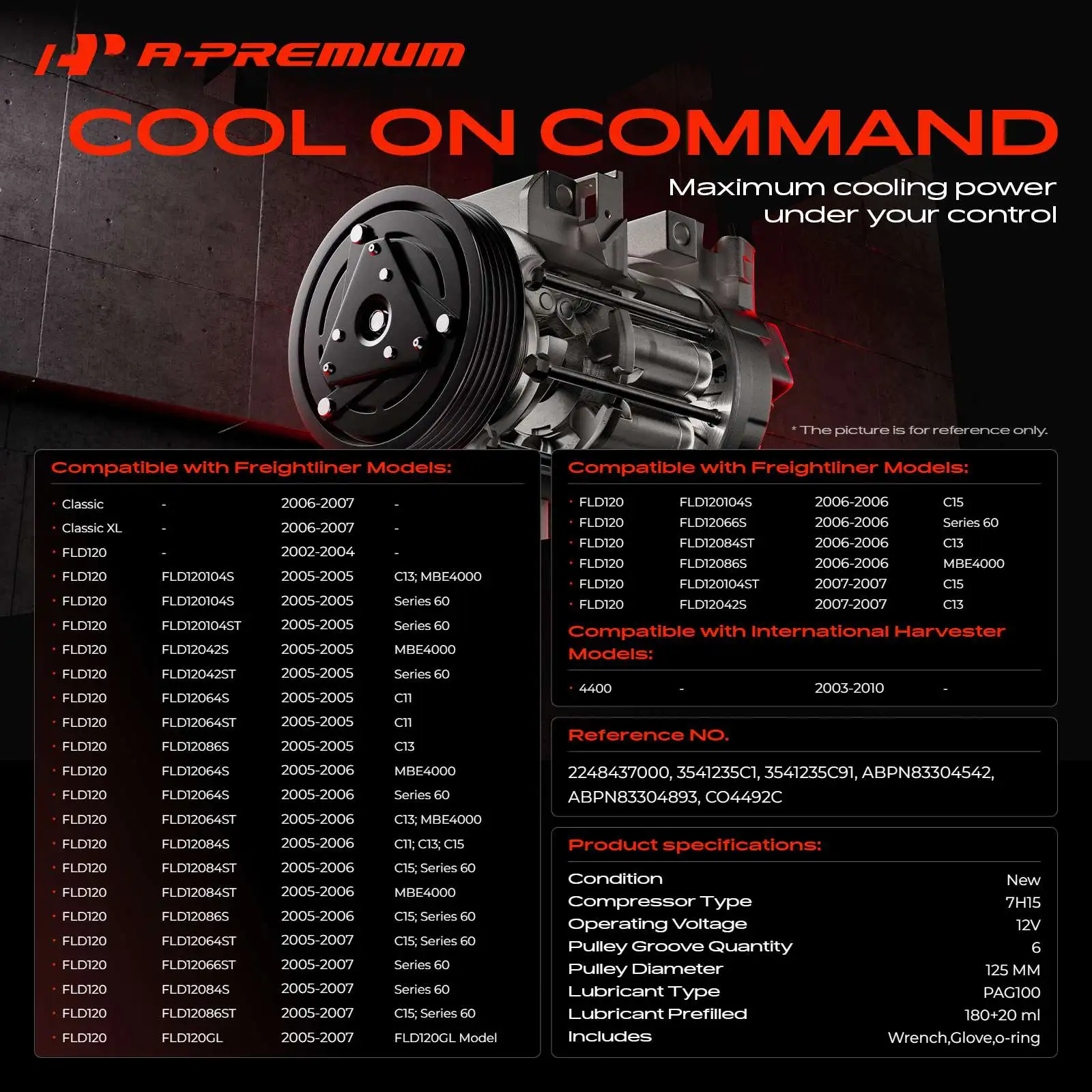 A-Premium AC Compressor with Clutch for International Harvester 4400 2003-2010 Freightliner