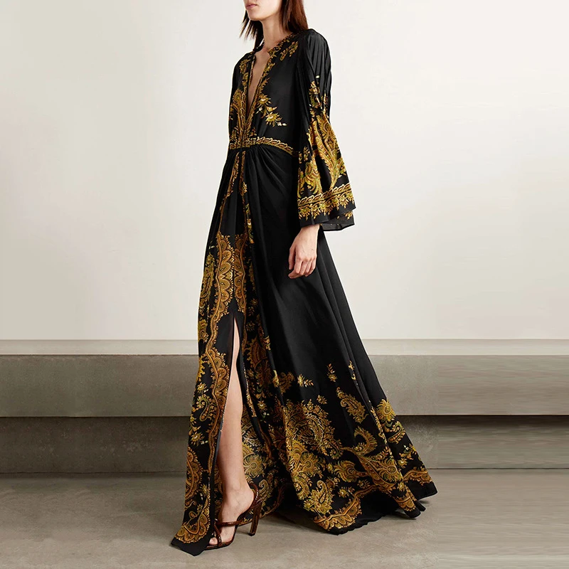 Retro Palace Style Elegant Flared Robe Femme Long Sleeve V Waist Single Breasted A Line Positioning Printed Dress for Women