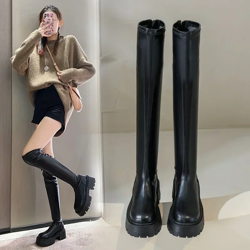 

Autumn Winter Stretch Over The Knee Boots Women Fashion Round Toe Square Platform Thick Heels Long Booties Women's High Boots