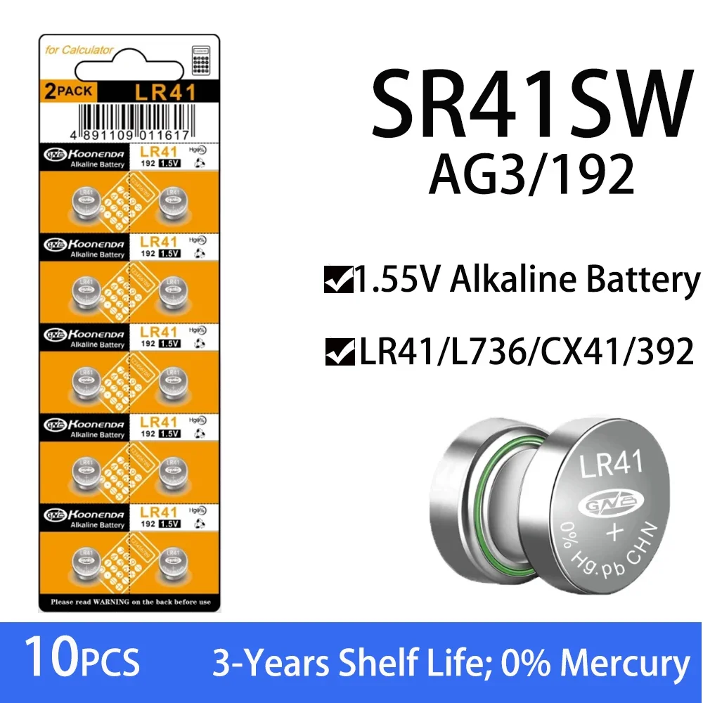 10pcs 1.55V AG3 LR41 Button Cell Battery SR41 392 192 Coin Cell Alkaline Battery L736 384 SR41SW CX41 For Watch Calculator Toys