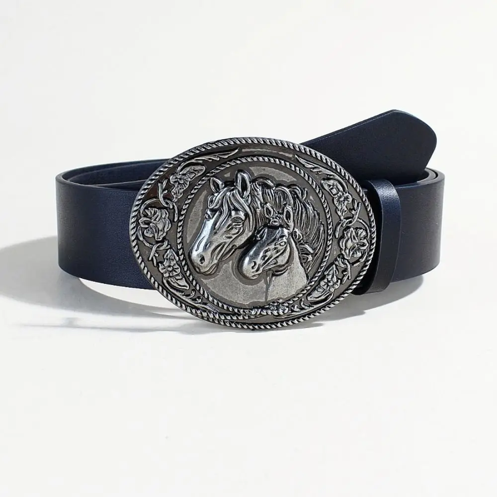 Fashion Luxury Design Western Cowboy Belt Trendy Brand Retro PU Leather Belt Vintage Embossed Horse Buckle Belt For Women Man