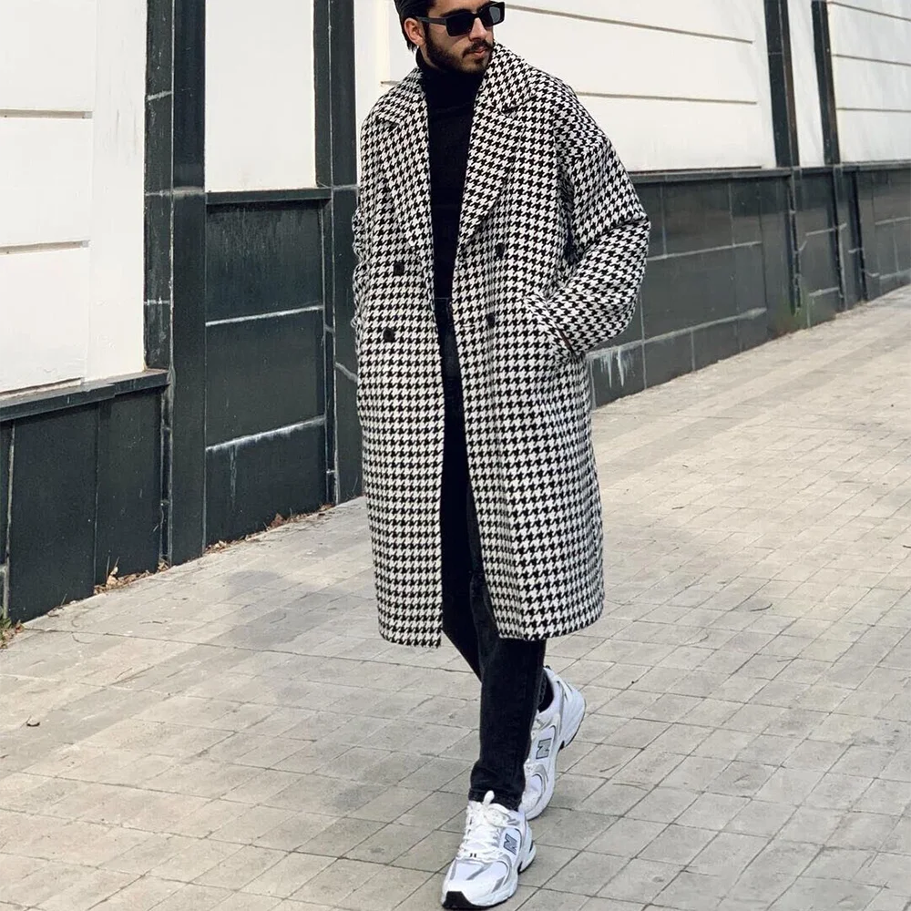 

Шикарный мужской пиджак с узором «гусиные лапки», элегантный двубортный прямой повседневный длинный пиджак с лацканами, цельное пальто