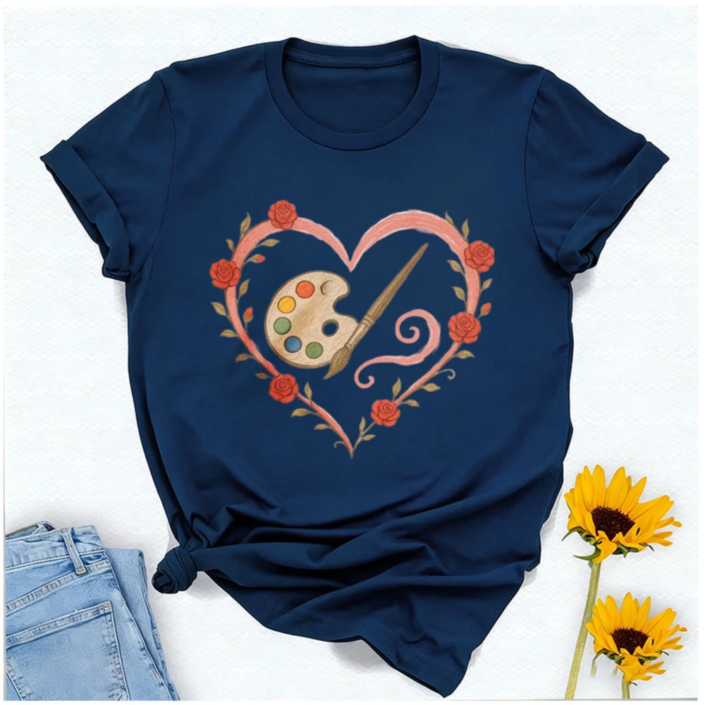 Elegant Art Teacher Lover Shirt Floral Palette Holiday Gift Painting Love Artist Rose Heart Loose Tee Summer Clothes for Women