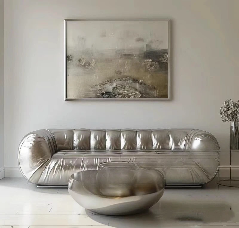 Minimalist future punk style niche designer studio store lobby silver pearlescent leather sofa