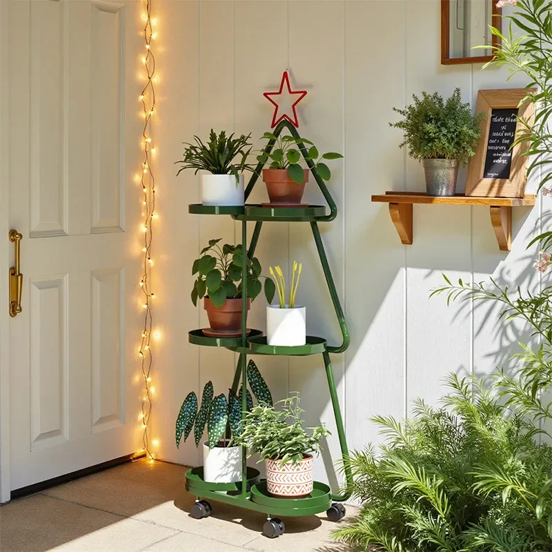 Christmas Tree Shape Plant Stand Tiered Iron Shelf for Indoor Plants Rolling Multi-Tier Storage Rack, Space Saving Display Stand