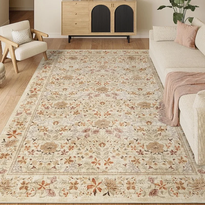 Elegant Artistic Floral Pattern Carpet for Living Room Bedroom Bedside Rug Machine Washable Non-slip Soft Coffee Table Floor Mat