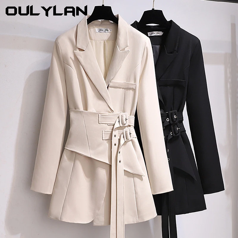 Women Blazer 2024 Autumn Clothing Belt Coats Long Sleeve Jacket Lady Irregular Suit Dress for Women Solid Blazer Female