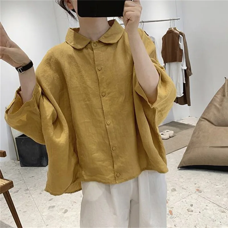 

Cotton And linen Women's Shirt 2024 Summer New Three-quarter Sleeve Bat sleeved Loose oversized slimming Doll Collar Blouse Lady